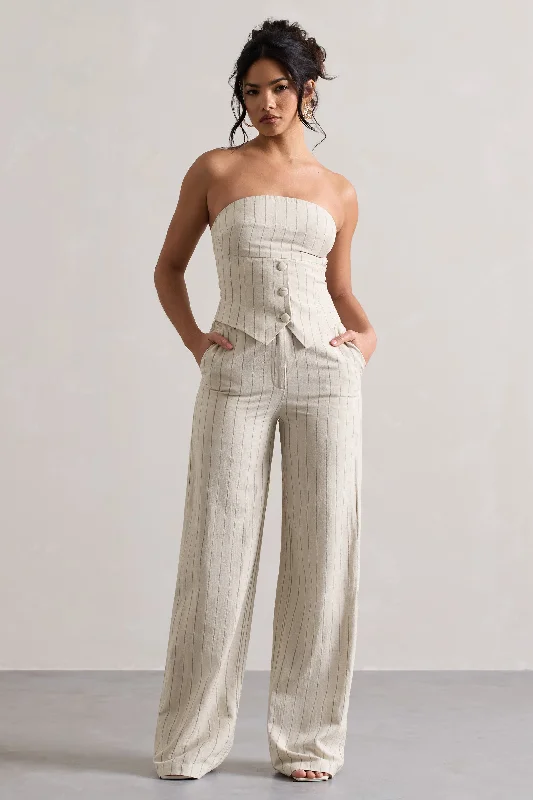 Missed Out | Beige Pinstripe Wide-Leg Trousers